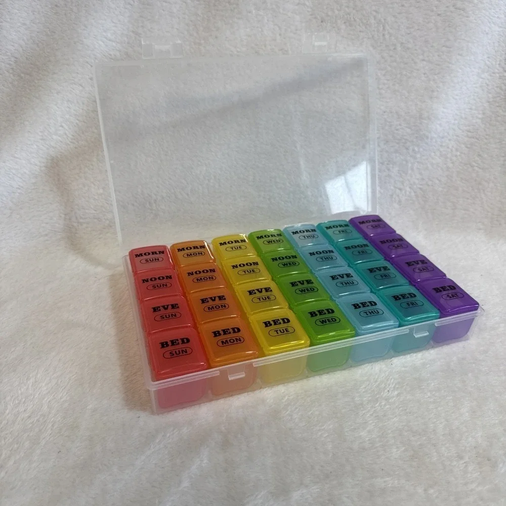 Rainbow Weekly Pill Organizer 7 Day 4 Times a Day AM PM Travel Case